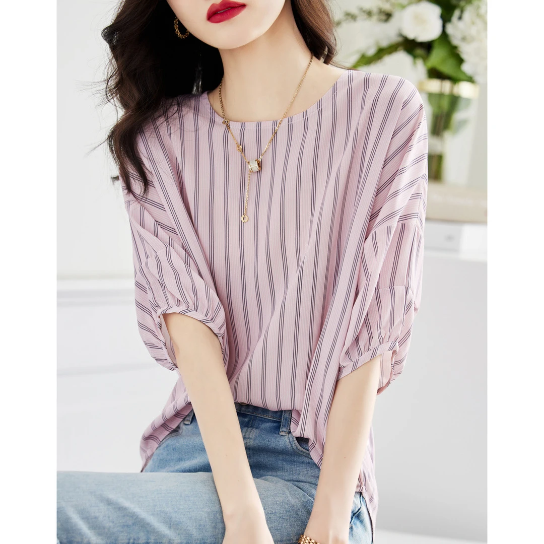 【重百专属】德·玛纳条纹雪纺印花衬衣夏圆领短袖宽松落肩衬衫