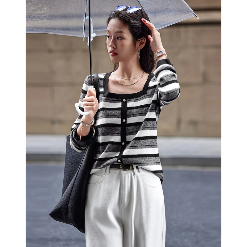 【小云总专属】德·玛纳法式简约风方领长袖线衫落肩微弹针织衫上衣