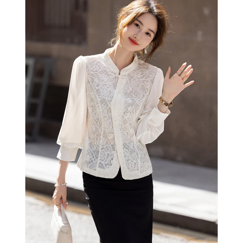 【慧玲专属】德·玛纳复古新中式立领盘扣衬衫优雅绒感蕾丝衬衣