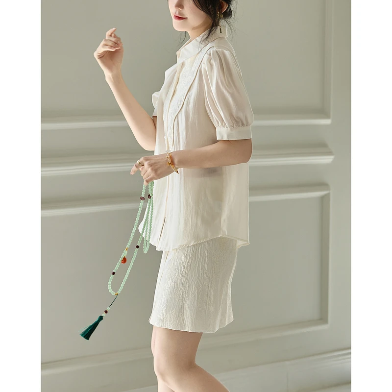 dme德玛纳【国风提花套装】翻领泡泡袖上衣拼接半裙两件套女鱼鳞天