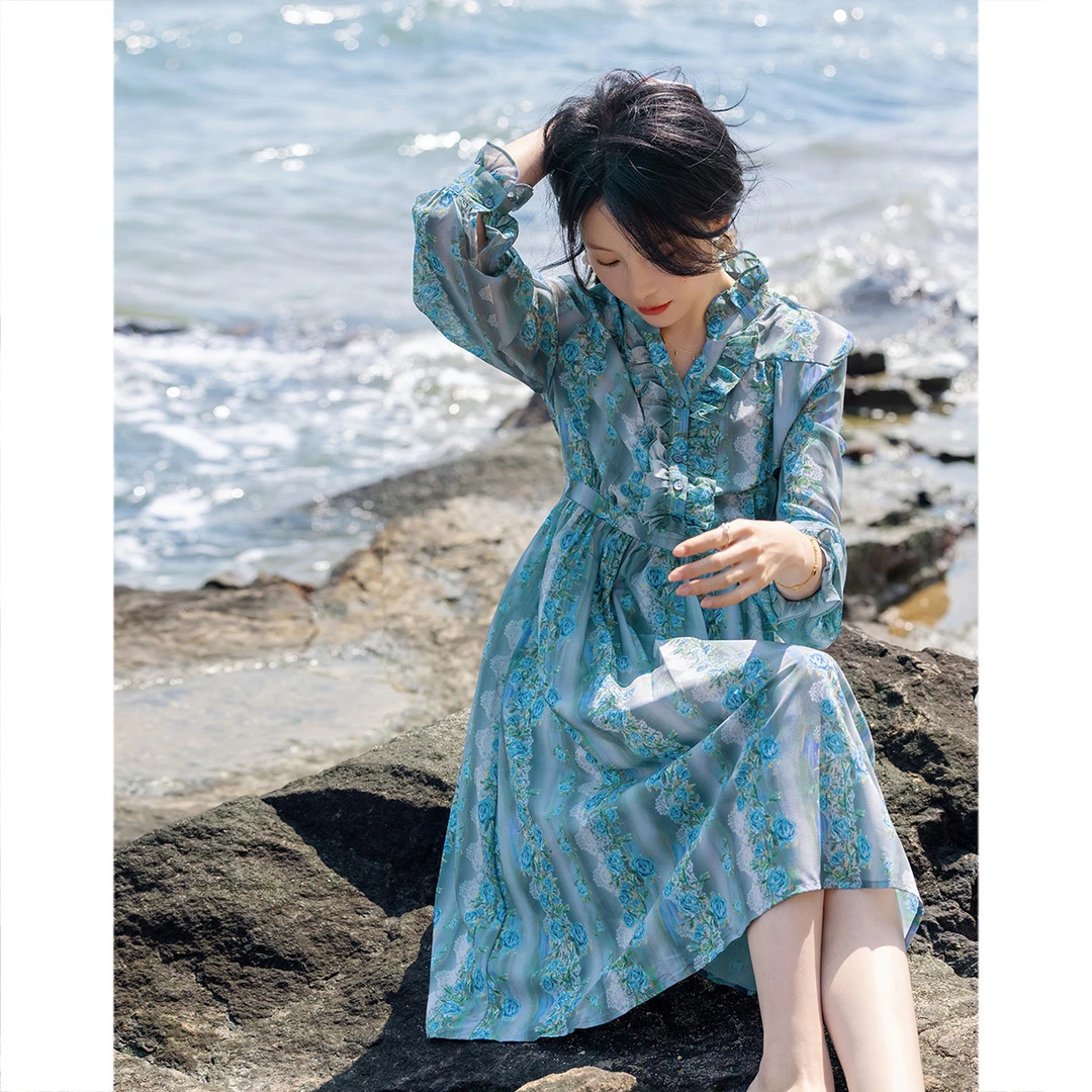 【花瑶绉印花裙】2023秋季新款立领收腰木耳边连衣裙女法式复古时尚