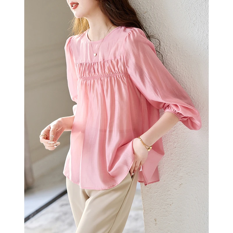 dme德玛纳【春暮霞光】新通勤圆领长袖衬衫抽褶雪纺衬衣女装上衣气
