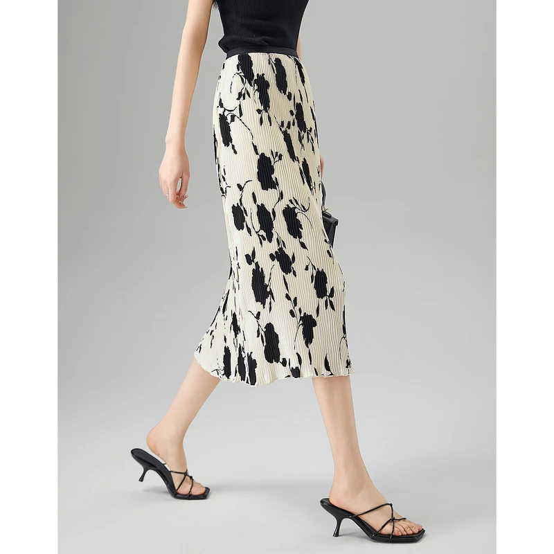 dme德·玛纳法式优雅夏通勤松紧腰伞裙撞色肌理褶皱印花半身裙女