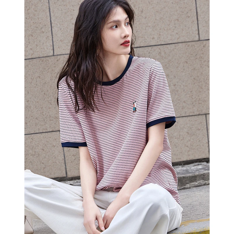 dme德·玛纳复古夏新圆领条纹撞色短袖t恤女刺绣T恤22707