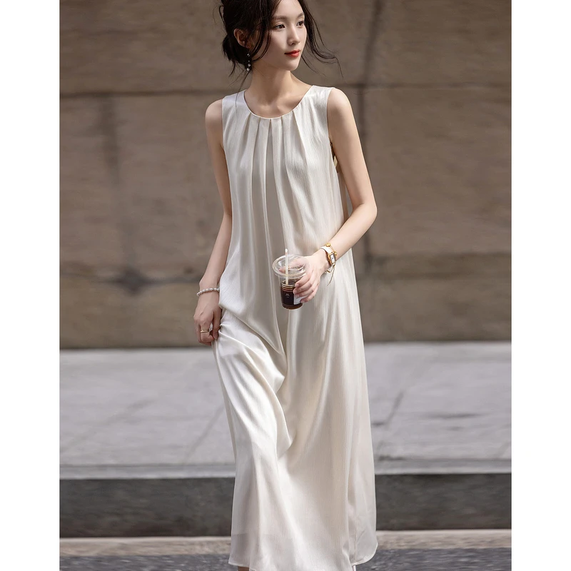 dme【有效去班味】夏仙女琉光多量收褶圆领无袖优雅水滴扣连衣裙