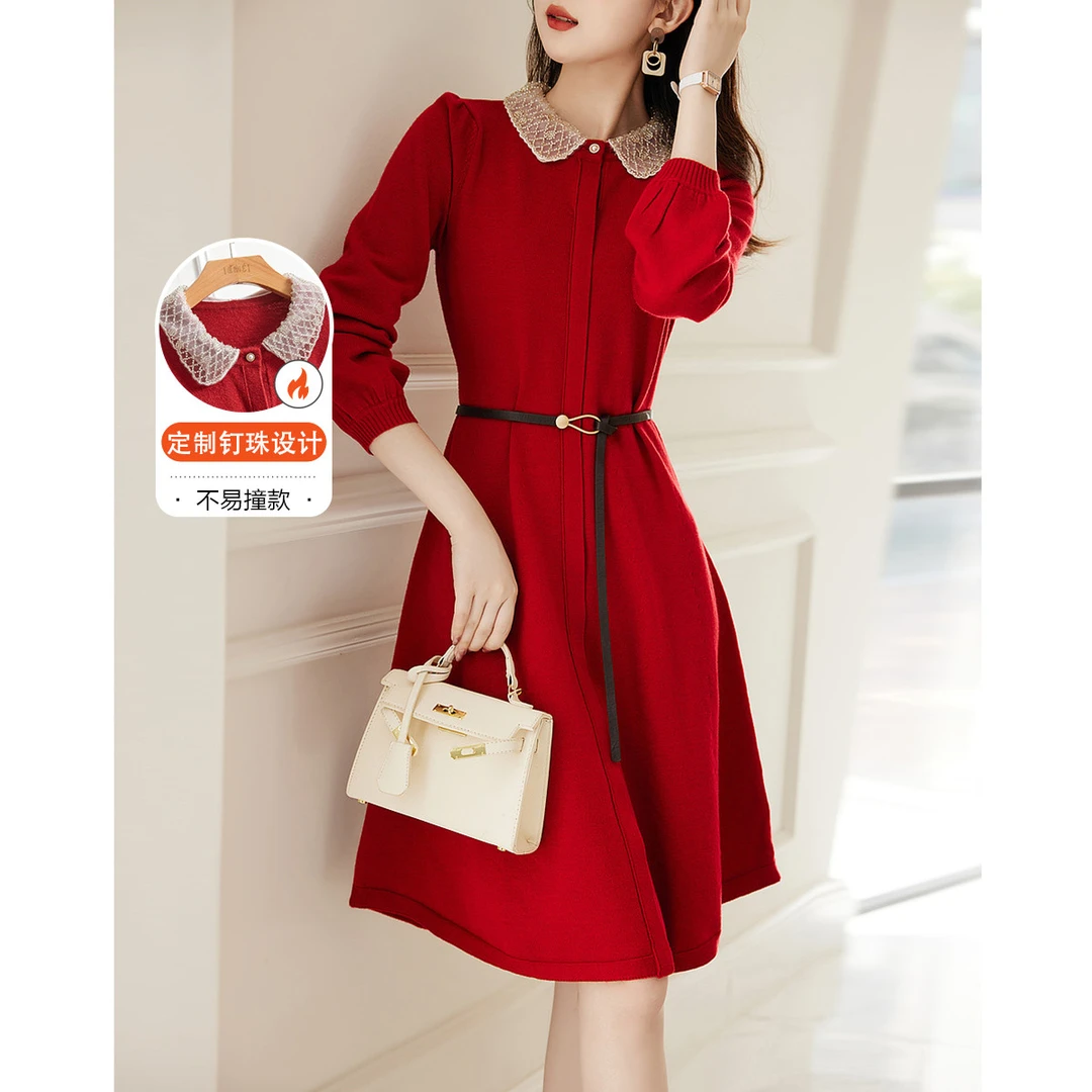 【重百专属】泡泡袖连衣裙冬季名媛翻领a字伞裙钉珠连衣裙女中长款