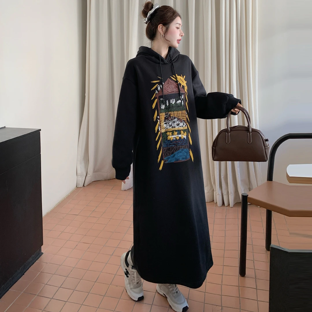 2024秋冬新款/加绒加厚印花连帽卫衣裙女长款宽松连衣裙