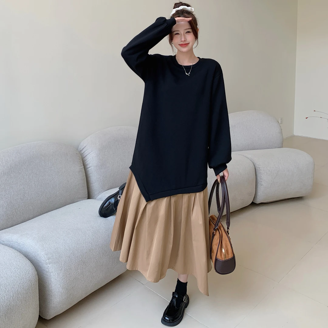 清清款 秋冬上新高级感不规则拼接长袖连衣裙女显瘦裙子