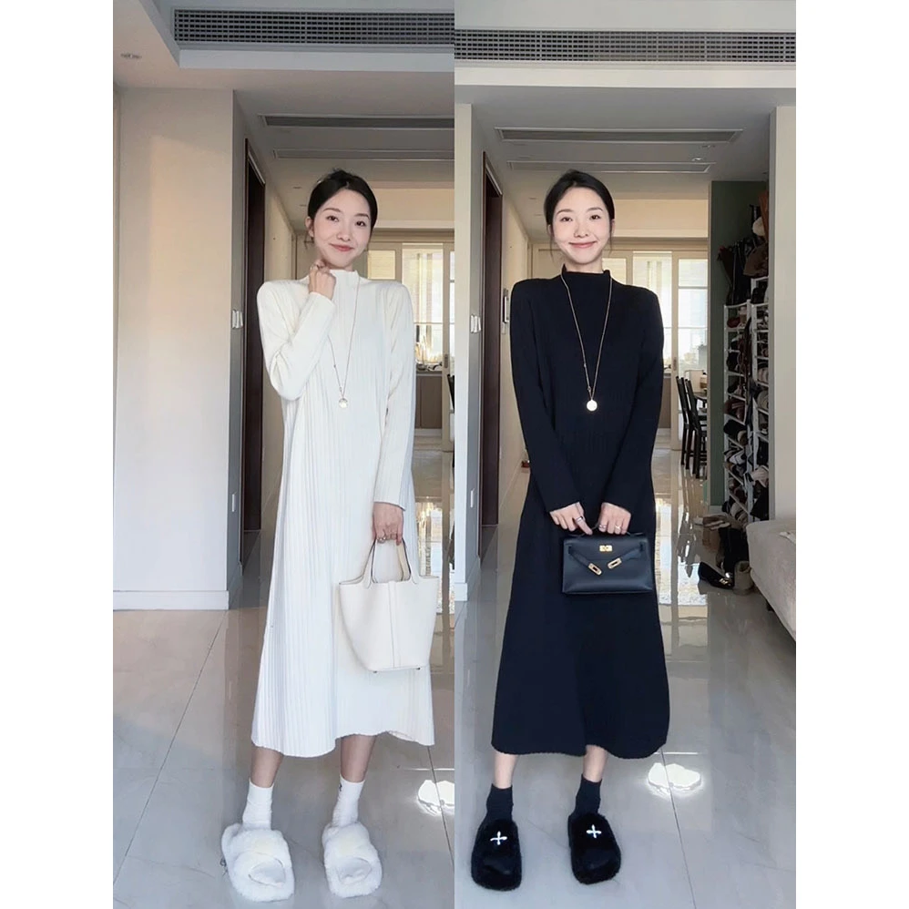 2025秋冬上新半高领长袖高级感显瘦宽松胖MM遮胯长款连衣裙女