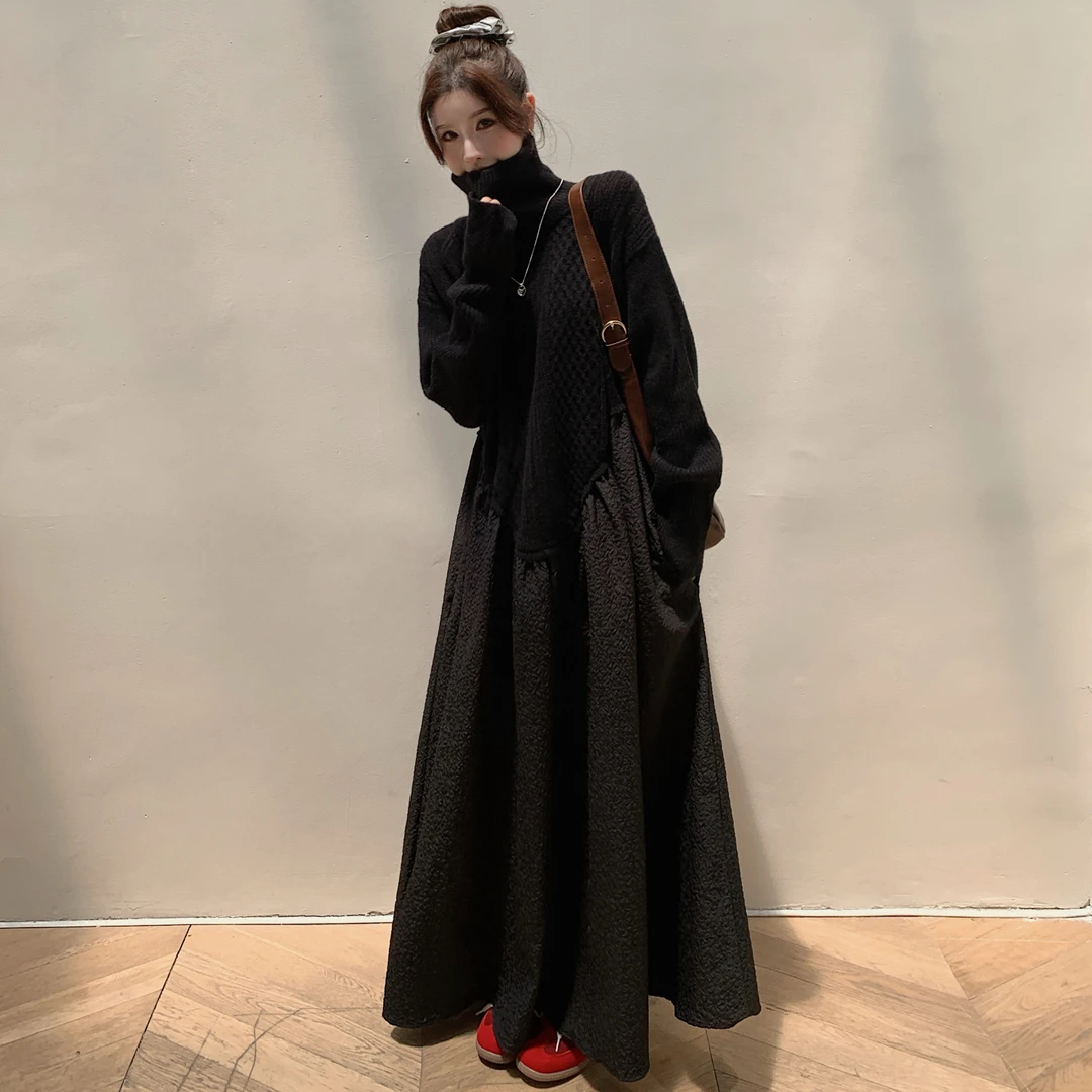 秋冬新款/大码宽松高领拼接针织裙长款显瘦欧美范连衣裙