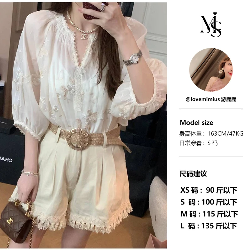 【游鹿鹿】设计感气质百搭泡泡袖蕾丝衫 E06298