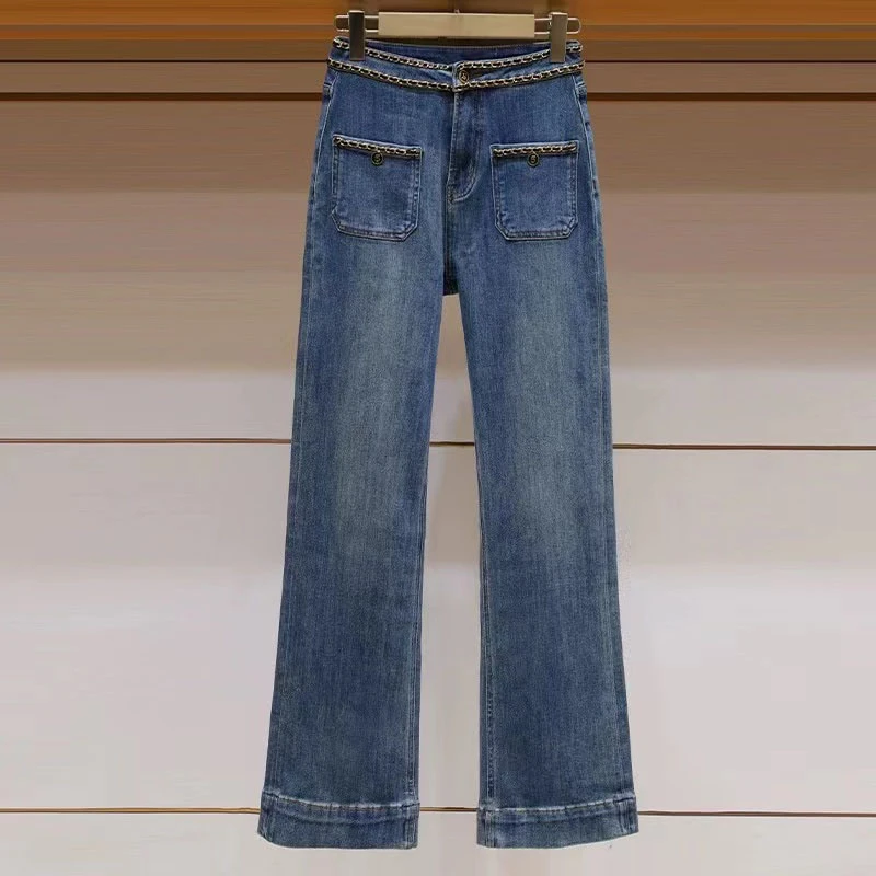 [MM]韩版重工5号链条女装春夏季显瘦直筒拖高腰地阔腿牛仔裤-135