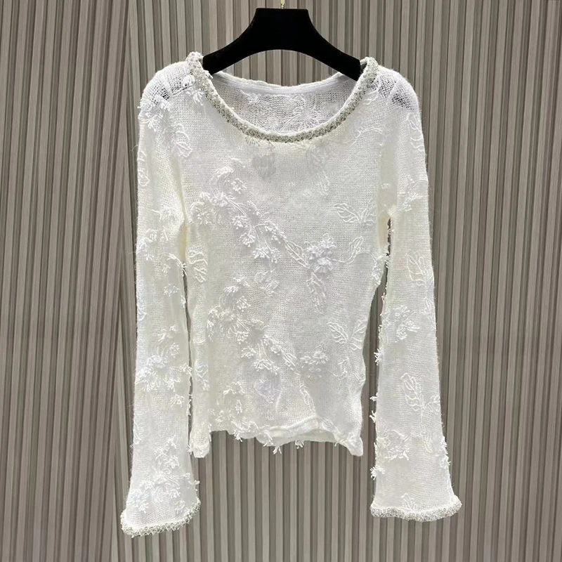 蕾丝上衣2024新款白色百搭镂空套头洋气时尚透明打底