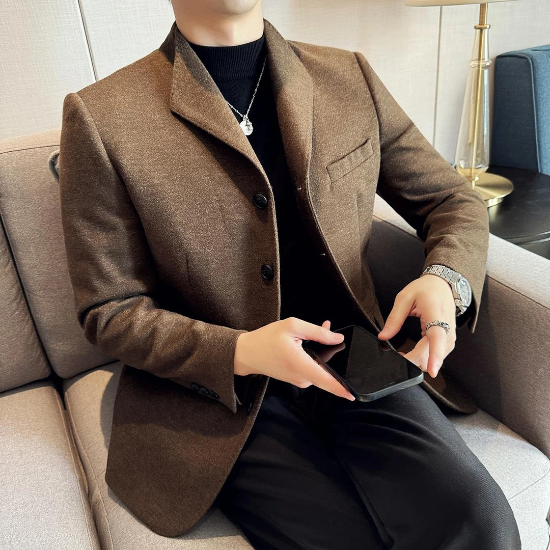 毛呢西装外套男秋冬季厚款潮流时尚商务休闲高级感西服上衣男装
