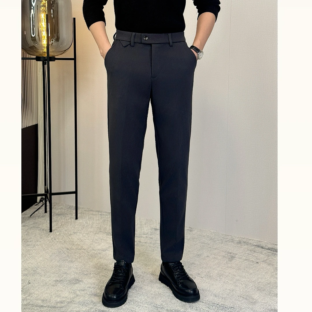黑色毛呢直筒西裤男秋冬窄版显瘦休闲裤垂感高级感穿搭修身长裤子