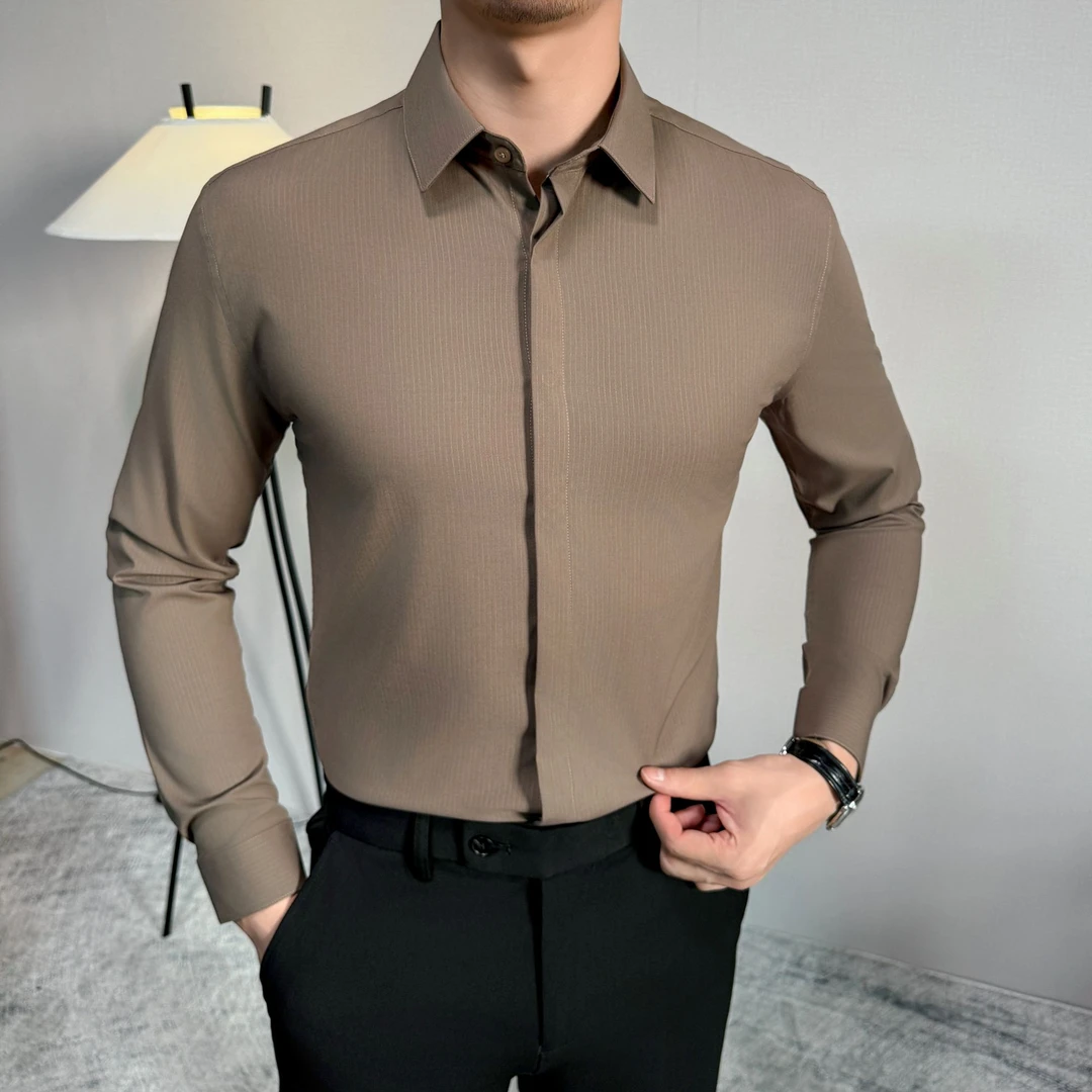 条纹衬衫男长袖发光亮面高级感小众痞帅衬衣多变闪亮设计感衬衫潮