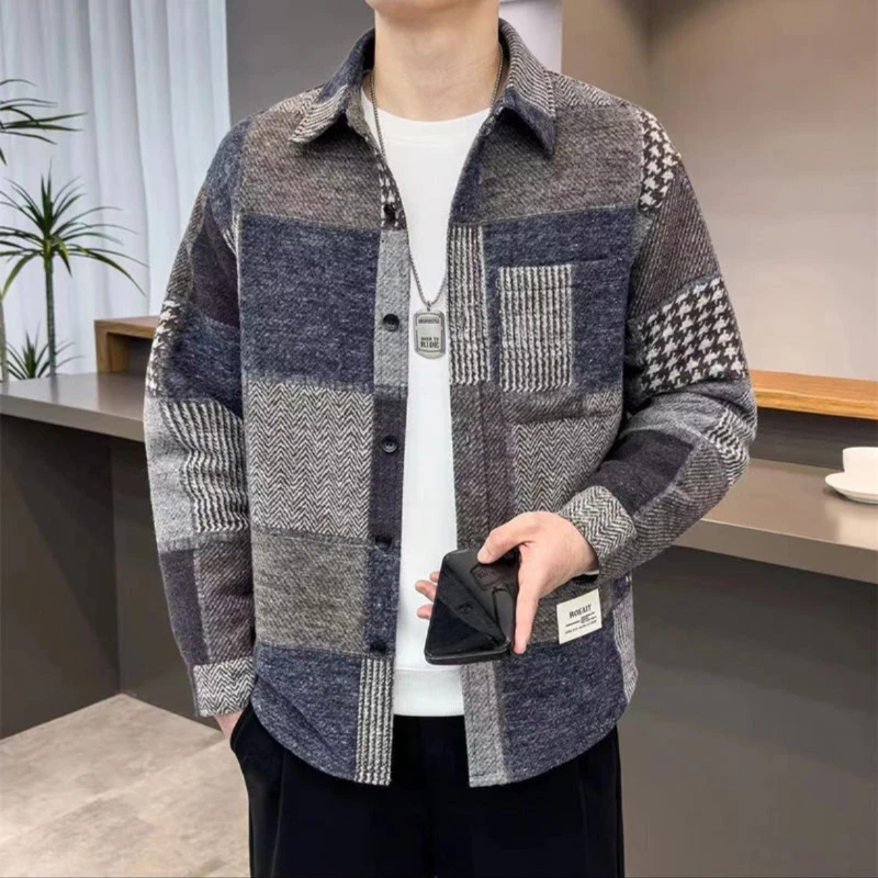 春秋季拼接潮流ins名族风复古格子纹长袖翻领衬衫百搭外套格纹