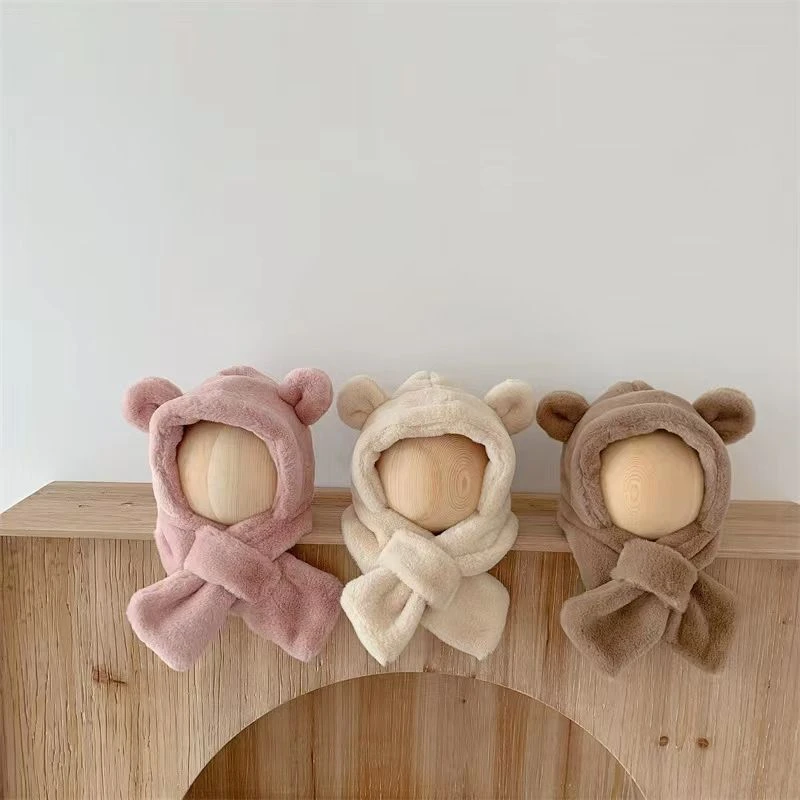 婴童帽子秋冬新款围巾一体帽加厚保暖防寒护耳帽男女宝宝小熊帽子