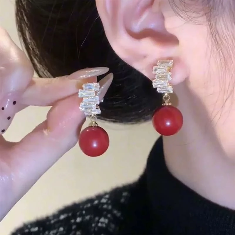 铜合金耳饰 气质时尚复古红色法式精致优雅小众简约耳钉1560