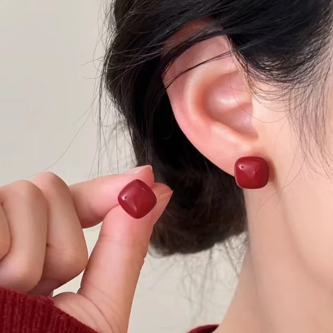 铜合金耳饰 复古安可拉红几何方形耳环女小众港风高级感耳钉2167