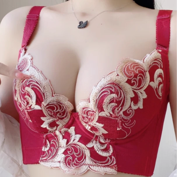【唐宫美人】秋冬薄款小胸收副乳本命年刺绣结婚新娘调整型文胸聚拢