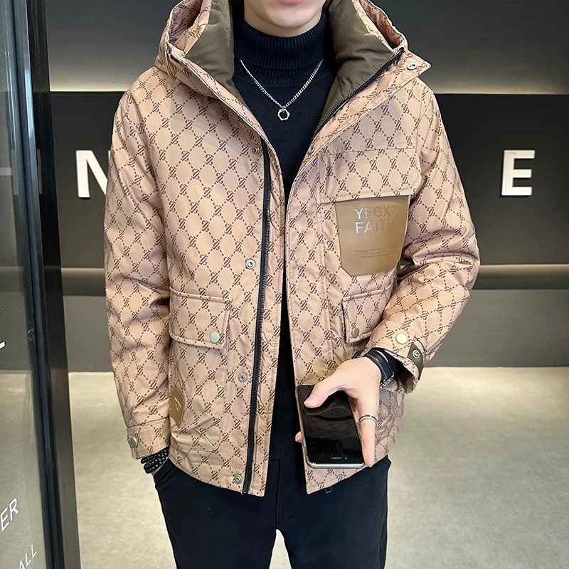 荷波撒纳温冬季羽绒服男连帽潮牌修身帅气百搭印花鸭绒外套冬装