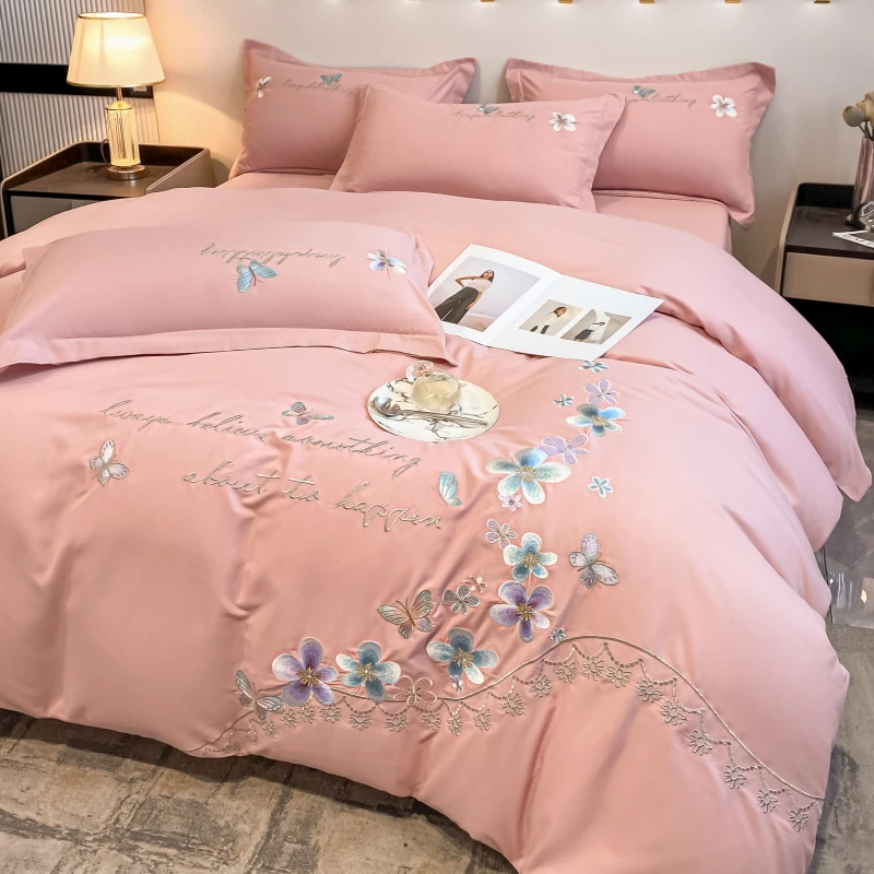 轻奢床上四件套2024年新款亲肤磨毛刺绣床单被套罩床品女生公主风
