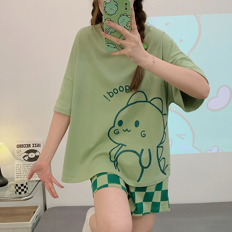 睡衣女夏季2024年新款半袖上衣短裤宽松两件套装可外穿薄款家居服