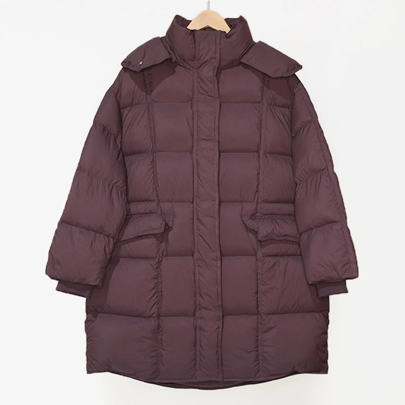 秋冬紫色云感连帽白鸭绒填充中长款外套女宽松舒适保暖女士羽绒衣