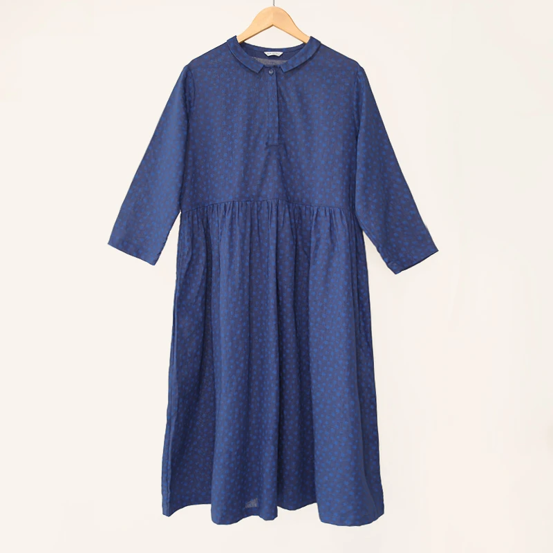 文艺复古森系印花连衣裙女秋季棉麻透气娃娃领长袖打底内搭中长裙