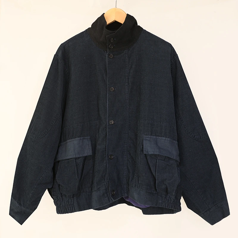 文艺百搭设计翻领纯棉灯芯绒系扣外套秋冬保暖藏青女士短上衣