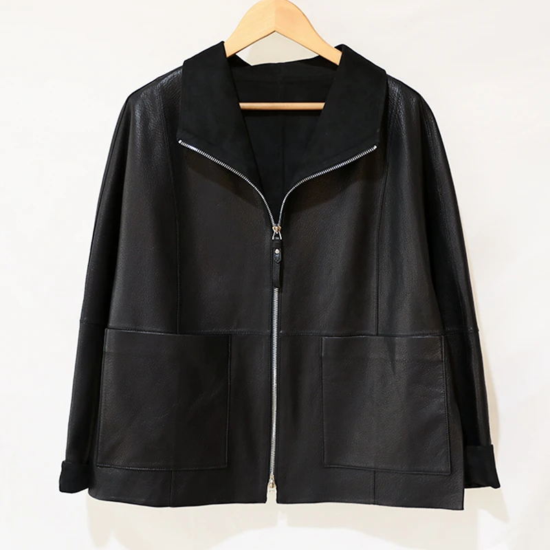 复古百搭时尚翻领山羊皮外套女秋冬真皮短款宽松女士皮夹克皮衣