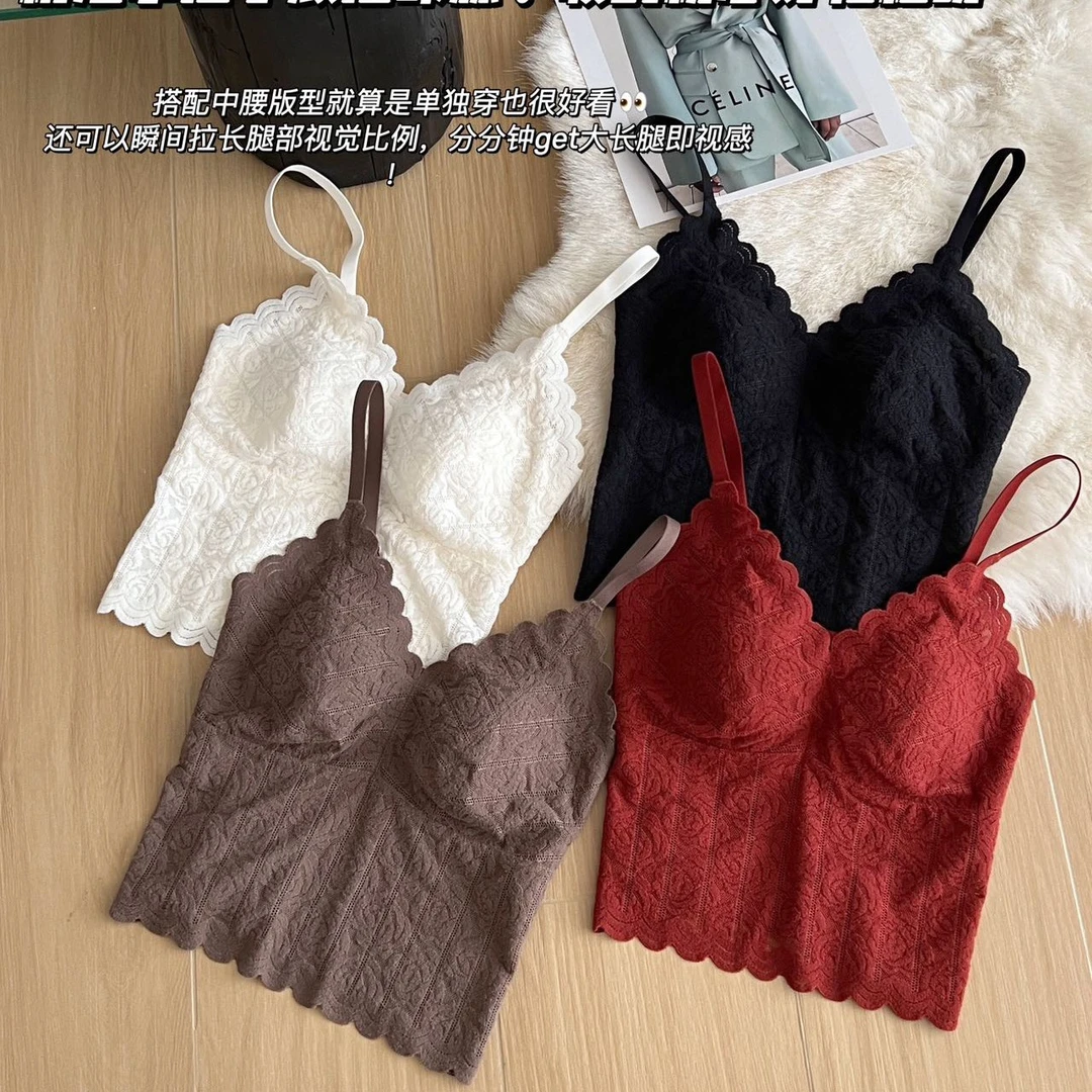 法式玫瑰花蕾丝美背长款保暖打底吊带自带胸垫内衣1608