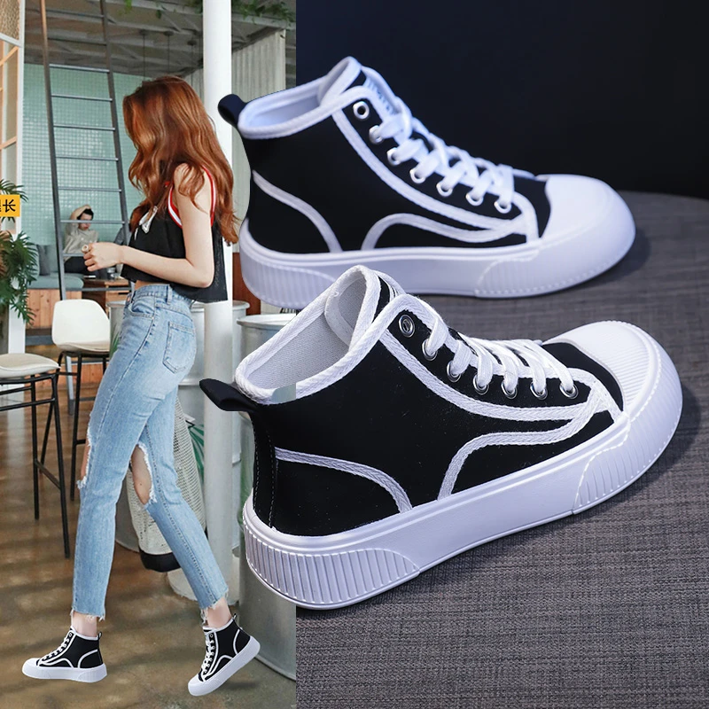 秋季新款高帮帆布鞋女2025年韩版百搭平底鞋子休闲鞋透气运动学生
