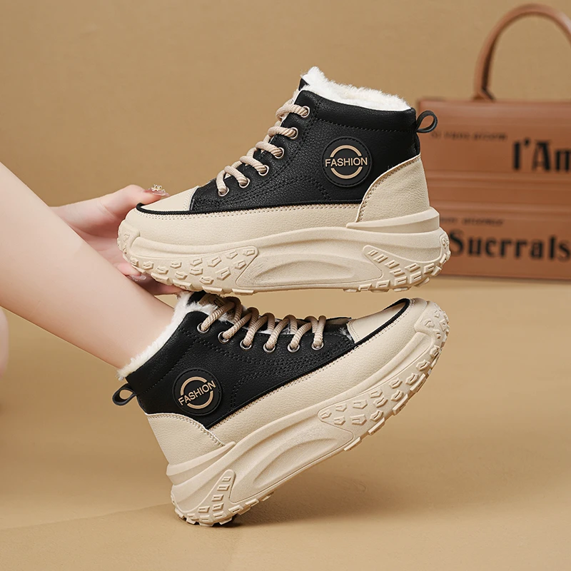 加绒加厚保暖百搭高帮鞋子2025年冬季女时尚厚底潮流潮鞋高帮棉鞋
