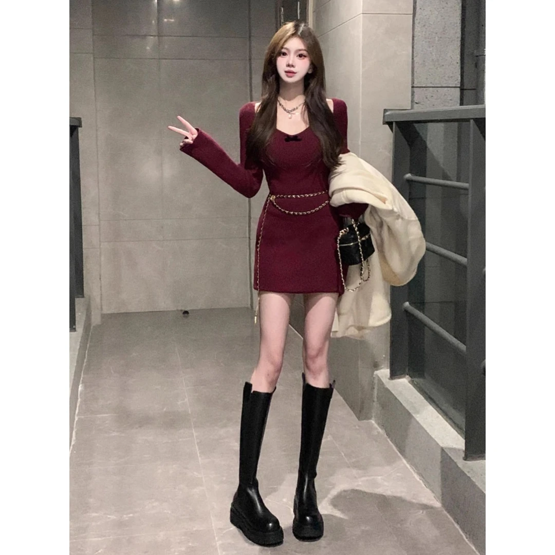 新年战袍修身内搭打底包臀裙春秋冬季红色圣诞节服装针织连衣裙女