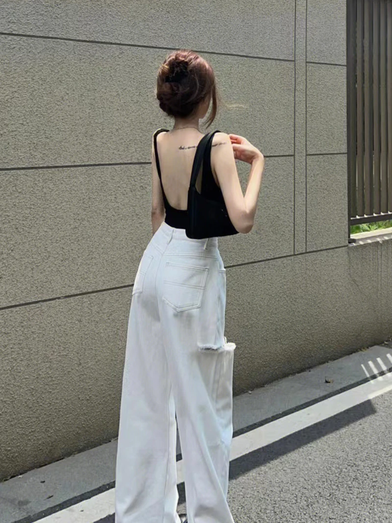欧美性感露背U领纯欲小吊带背心女辣妹修身显瘦黑色美背连体上衣
