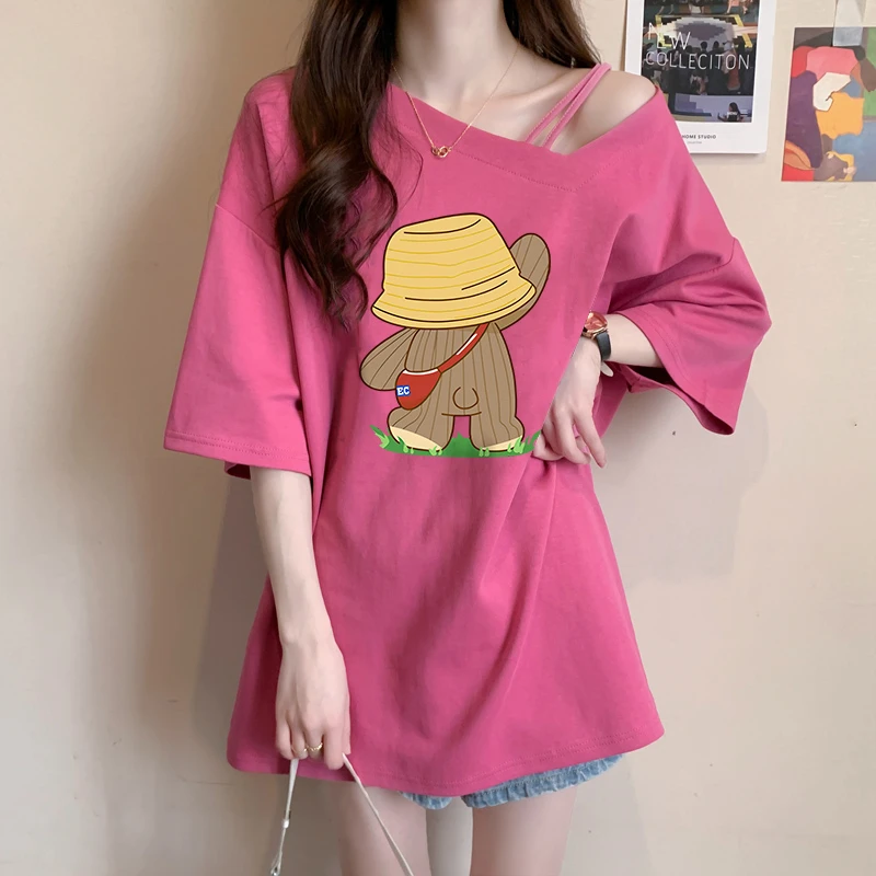 卡通印花短袖t恤女2024夏季新款宽松遮肉显瘦中长款百搭半袖上衣