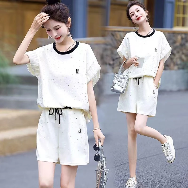 77776时尚套装女夏季新款洋气减龄短袖泡泡袖上衣短裤休闲两件套