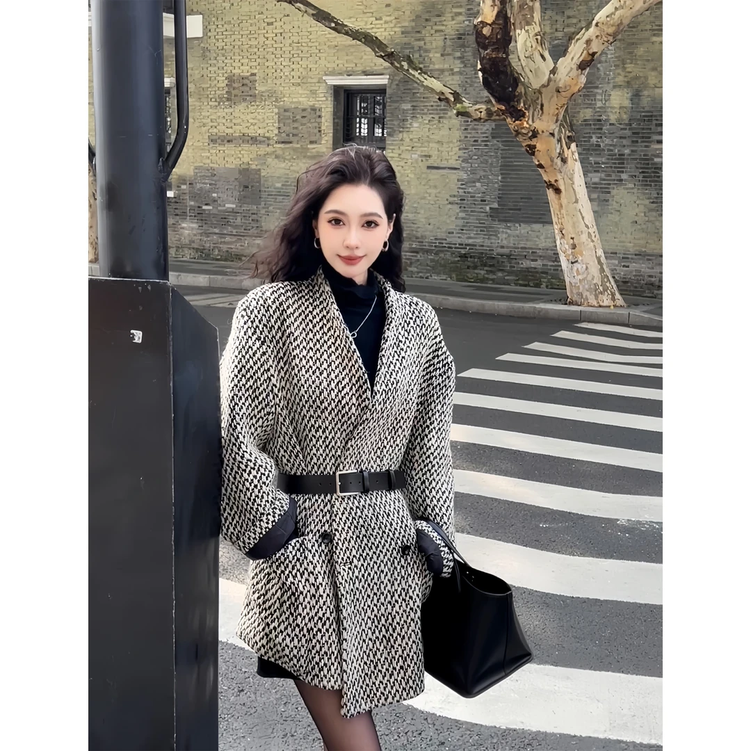 LiLi《复古女郎》花灰羊毛复古夹棉外套