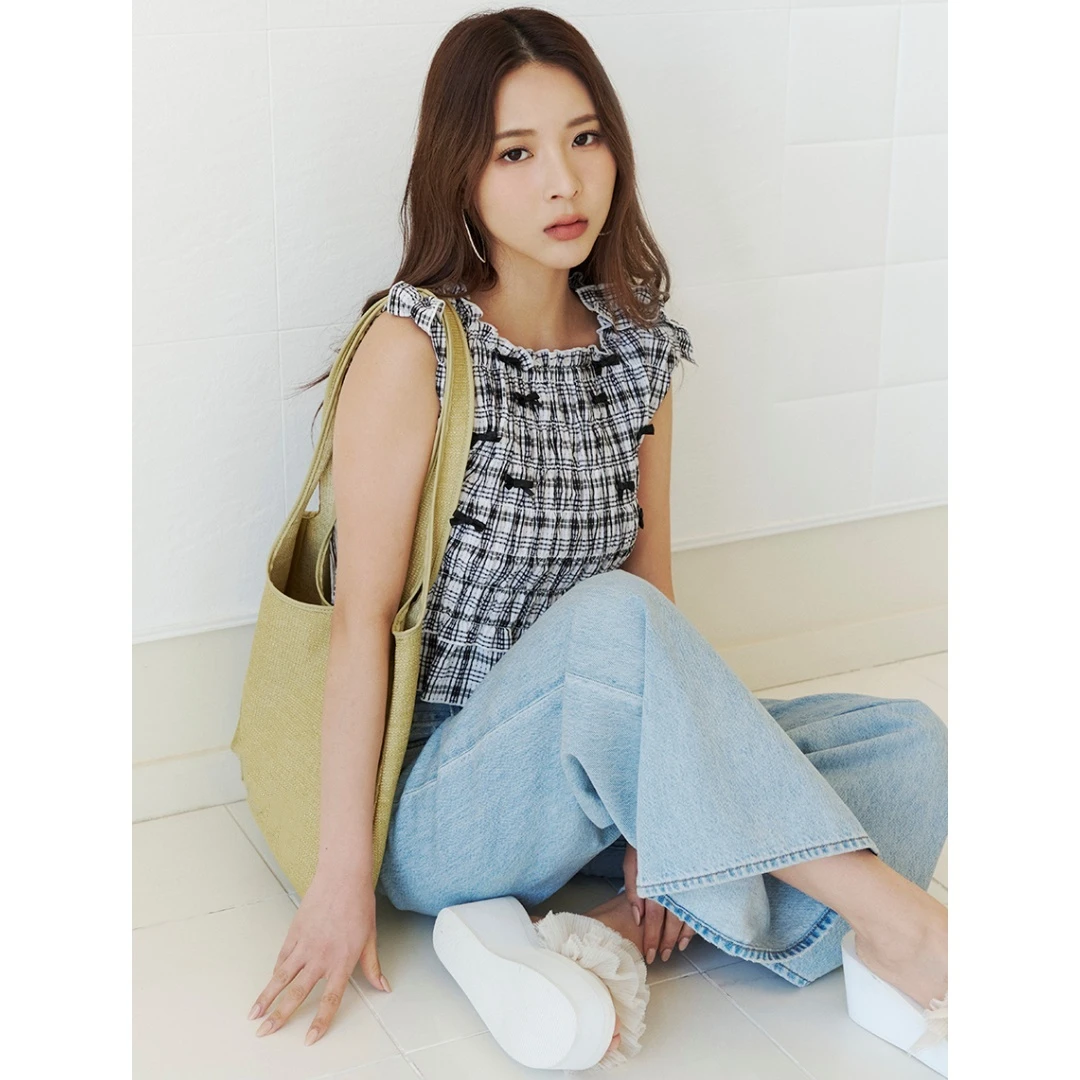 【Yorozuay】日系品牌 夏季新款 S 甜美淑女蝴蝶结褶皱修身背心上衣
