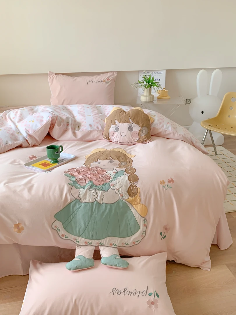 美玲 小女孩园全棉水洗棉重工刺绣花边三件套四件套仙女少女心