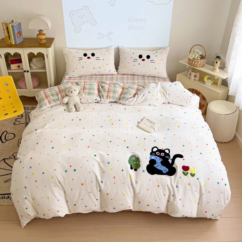 美玲 贪吃猫 牛奶绒三件套四件套华夫格花边公主风少女心韩