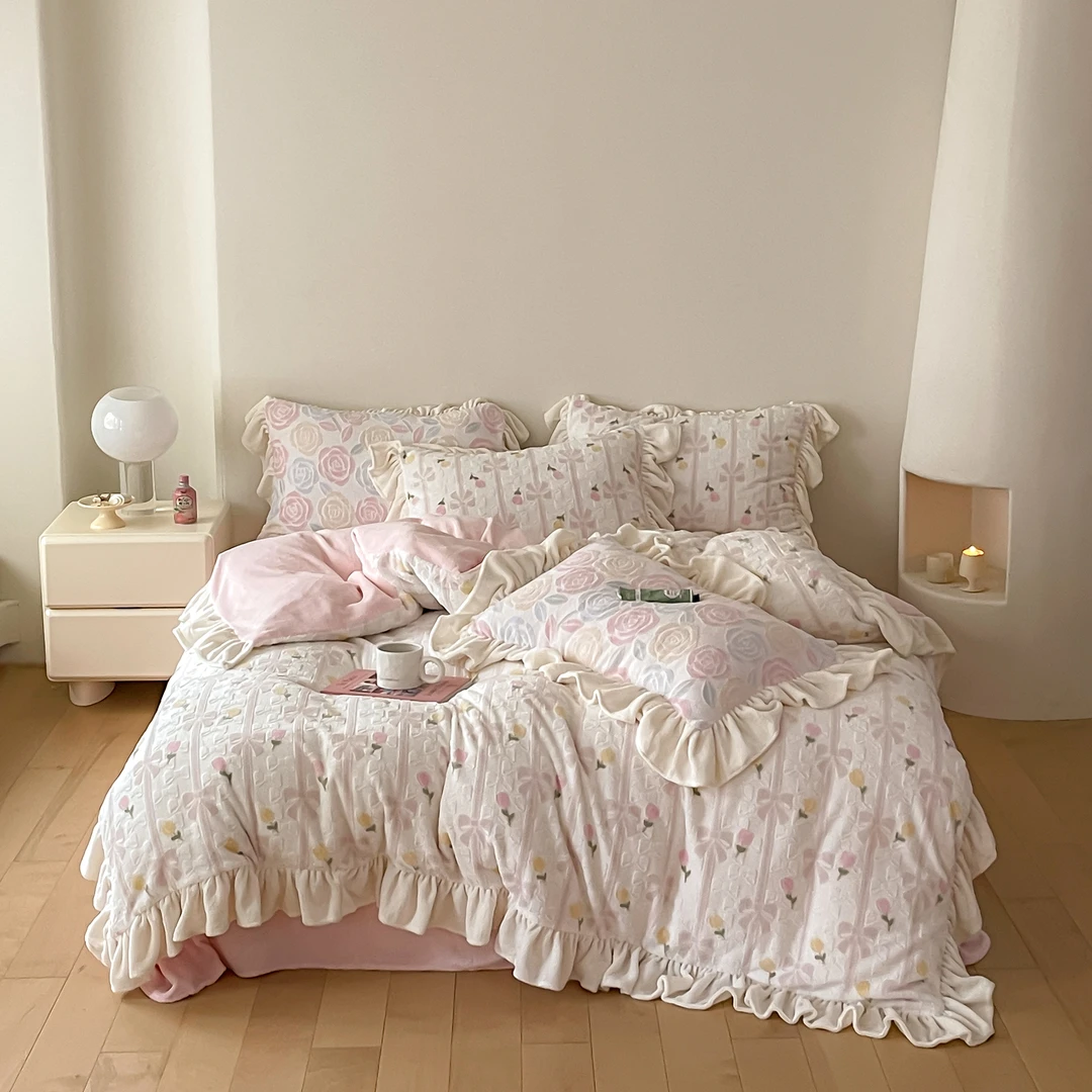 美玲 爱丽丝仙境牛奶绒三件套四件套华夫格花边公主风少女心韩版