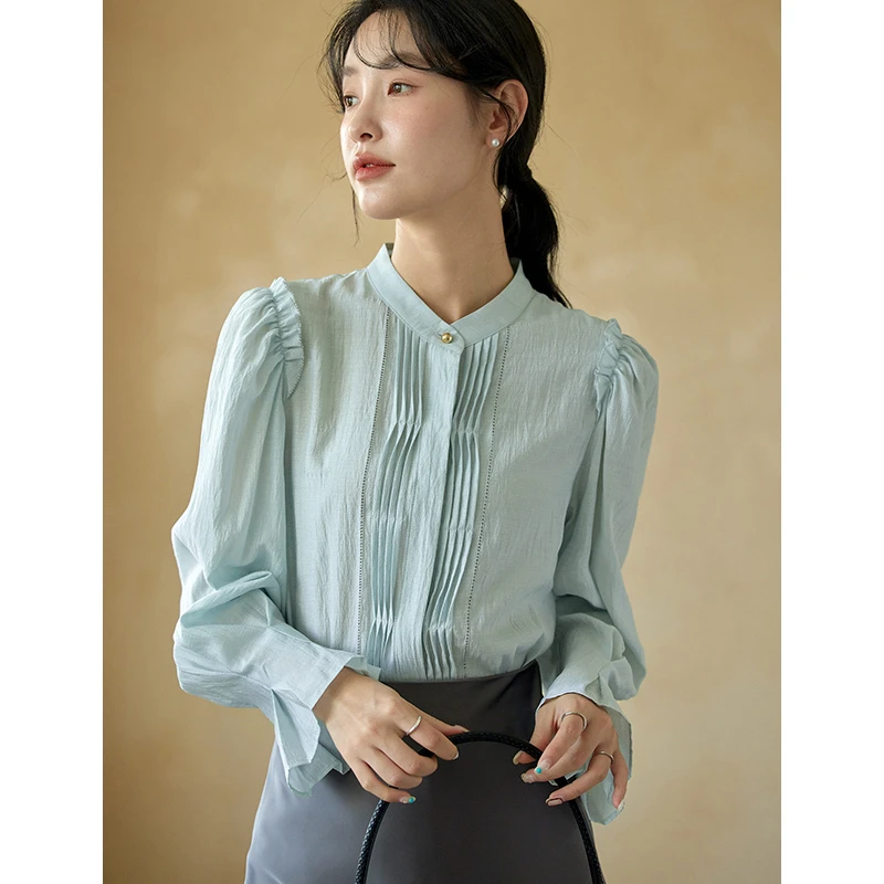 原水法式立领衬衫女秋2024新款通勤长袖衬衣蓝色气质小衫T41021