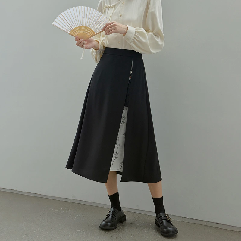 原水新中式a字碎花高腰半身裙女 D36800