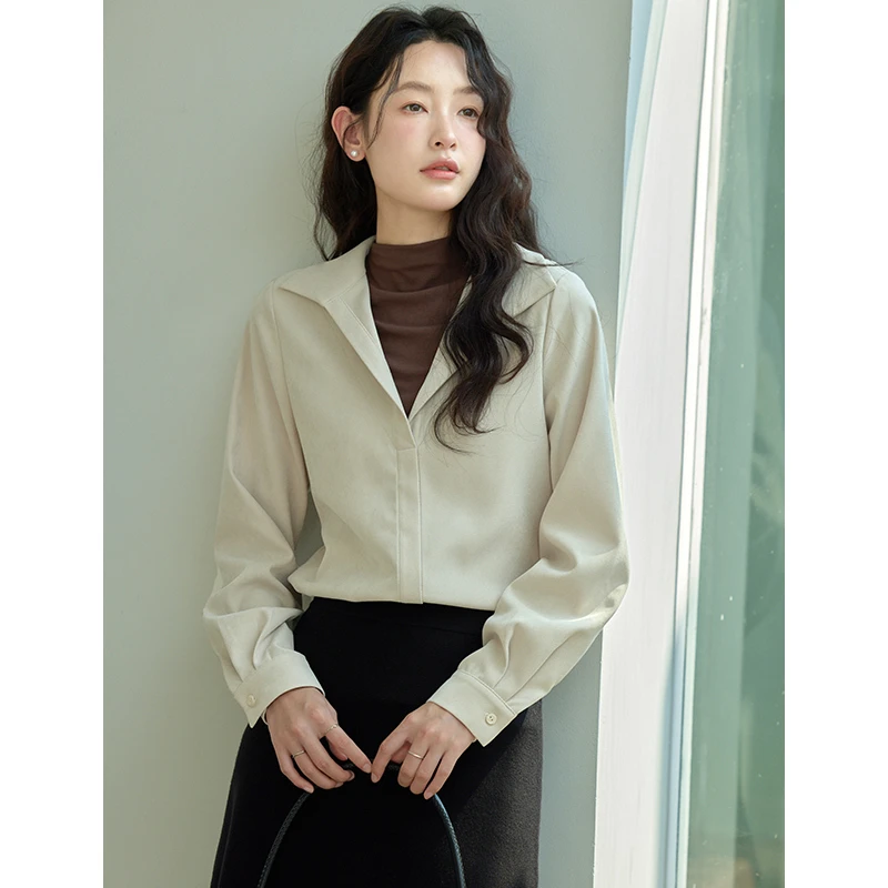 原水2024秋冬新款假两件长袖衬衫上衣法式慵懒宽松衬衣T41735