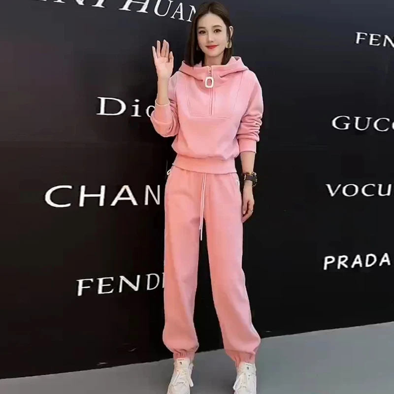 【黄心蕾】粉色欧柳 休闲秋冬连帽秋季长袖运动时尚加绒卫衣套装