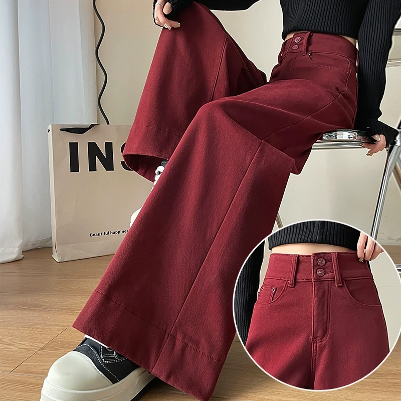 蜜蜜穿搭安哥拉红色牛仔裤女冬季加绒双扣高腰阔腿大喇叭裤子