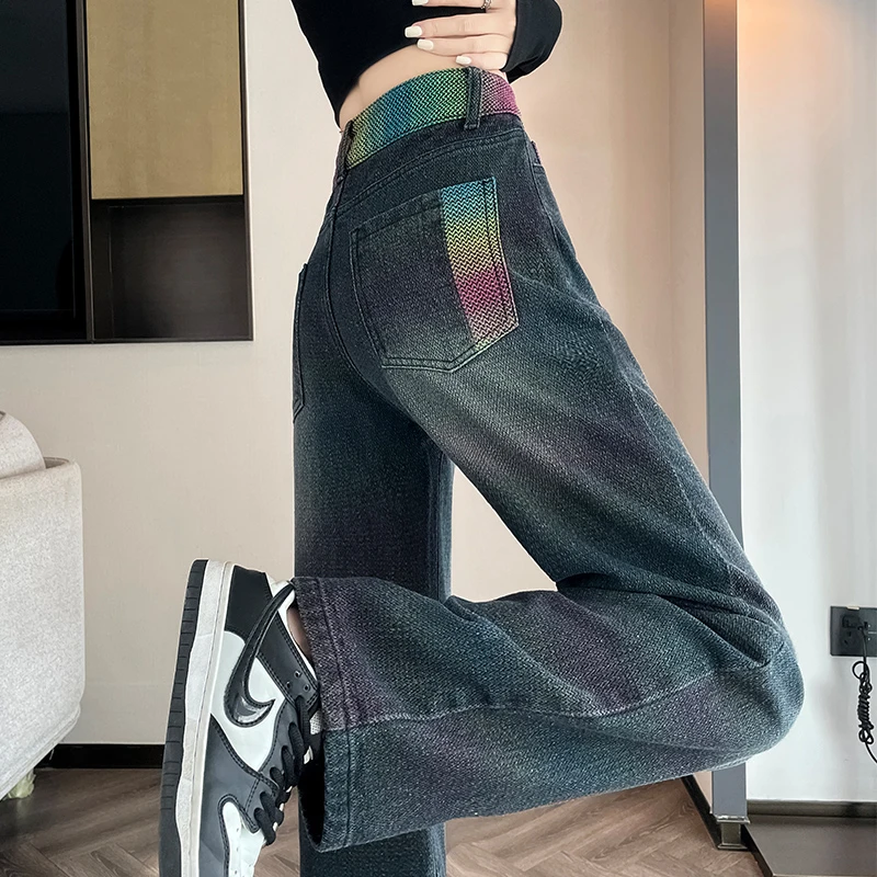 黑灰色牛仔阔腿裤女编制感软糯2025秋季新款撞色高腰窄版直筒裤子